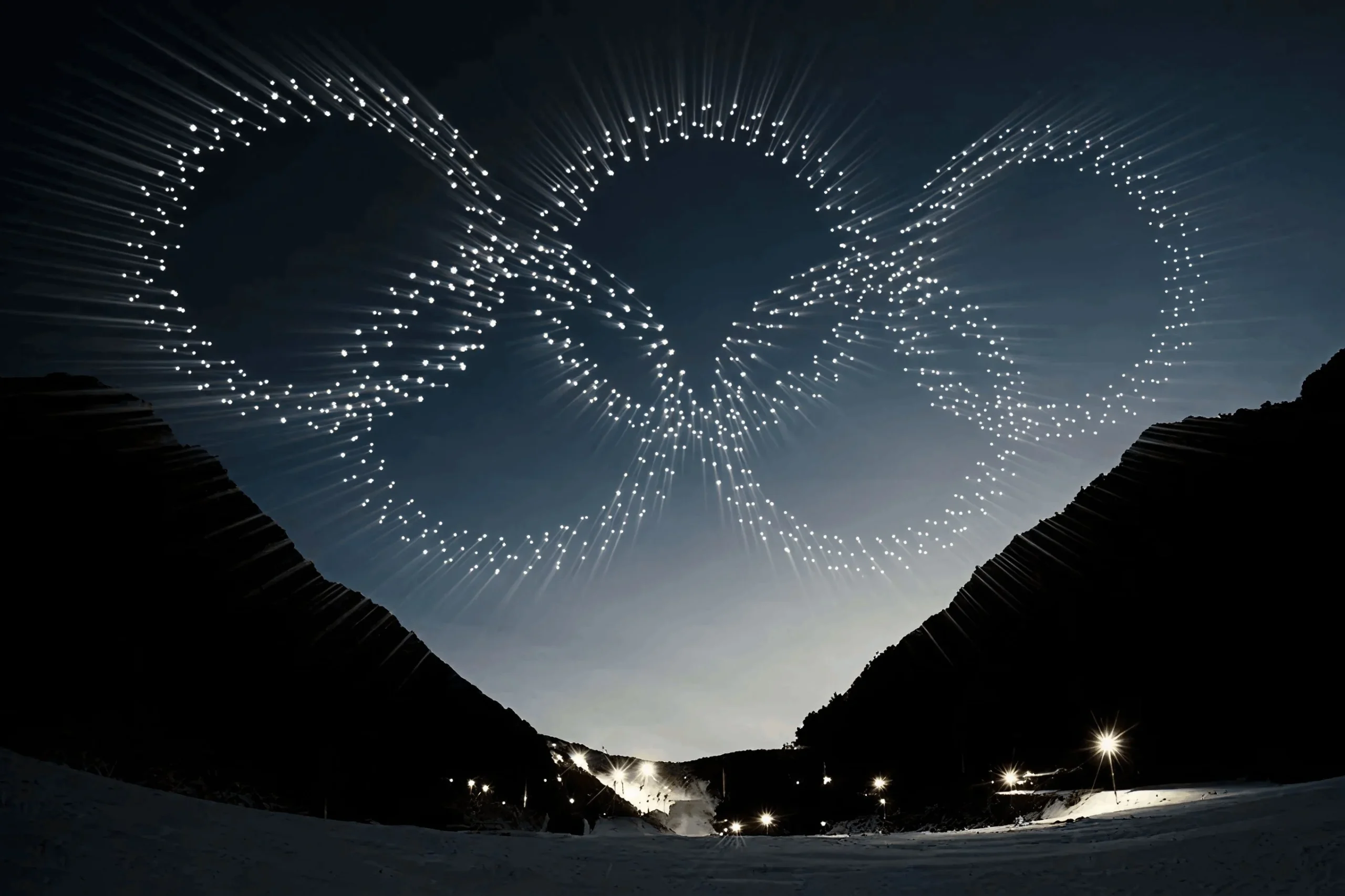 Drone light show forming a glowing butterfly shape against a dark night sky with mountain silhouettes